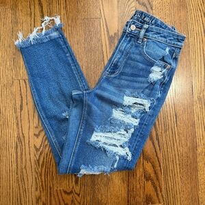 American Eagle Stretch Raw Edged Shred Legs Blue Denim Jeans Size 6